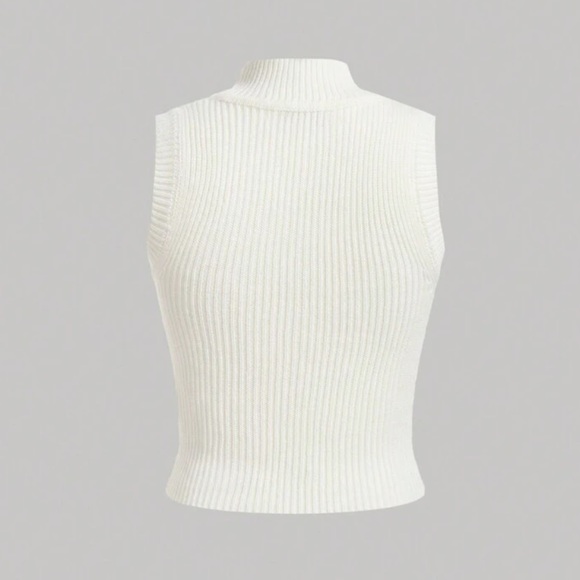 Pink Mock Neck 3D rosette Stereo Flower Ribbed Knit Top - stretchy - Picture 2 of 3